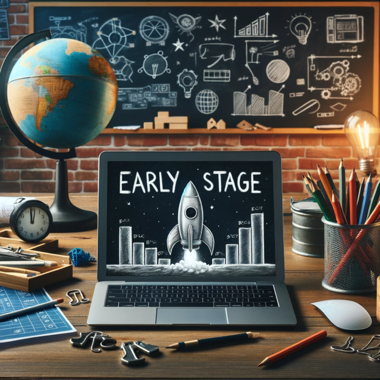 DALL·E 2023-12-28 17.46.58 - Use the provided image as a reference to recreate it with the correction of the term 'Early Stage' written correctly on the laptop screen. Keep the re